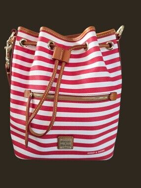 Dooney & Bourke Red & White Stripe Drawstring Bucket Purse, Leather, Brass, New